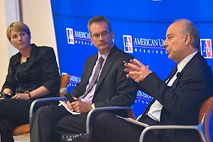 Shana Cohen, Stone Ashdown Director at Cambridge University’s Woolf Institute of Abrahamic Faiths, SIS dean James Goldgeier, and Professor Akbar Ahmed, Ibn Khaldun Chair of Islamic Studies